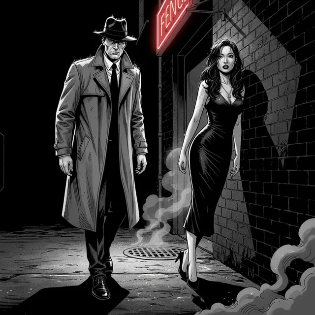 Noir (B&W)-style AI comic panel sample generated with Tervix