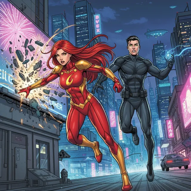 Superhero-style AI comic panel sample generated with Tervix