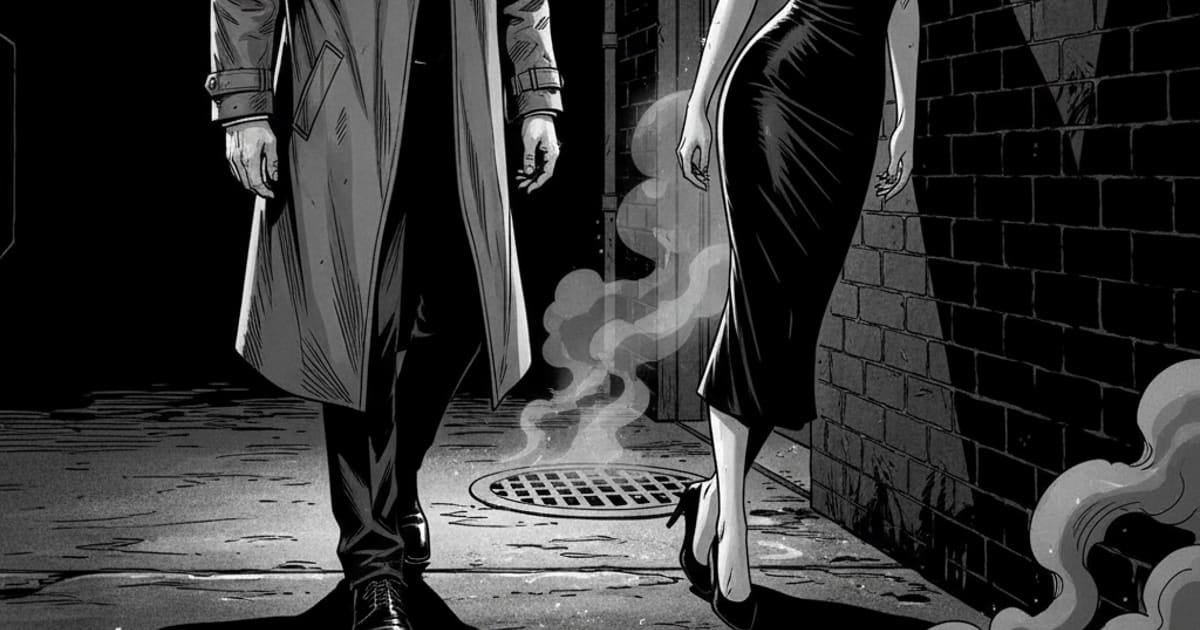 Noir (B&W)-style AI comic panel 1 — high-contrast black-and-white crime panel generated with Tervix's AI Noir Comic Generator