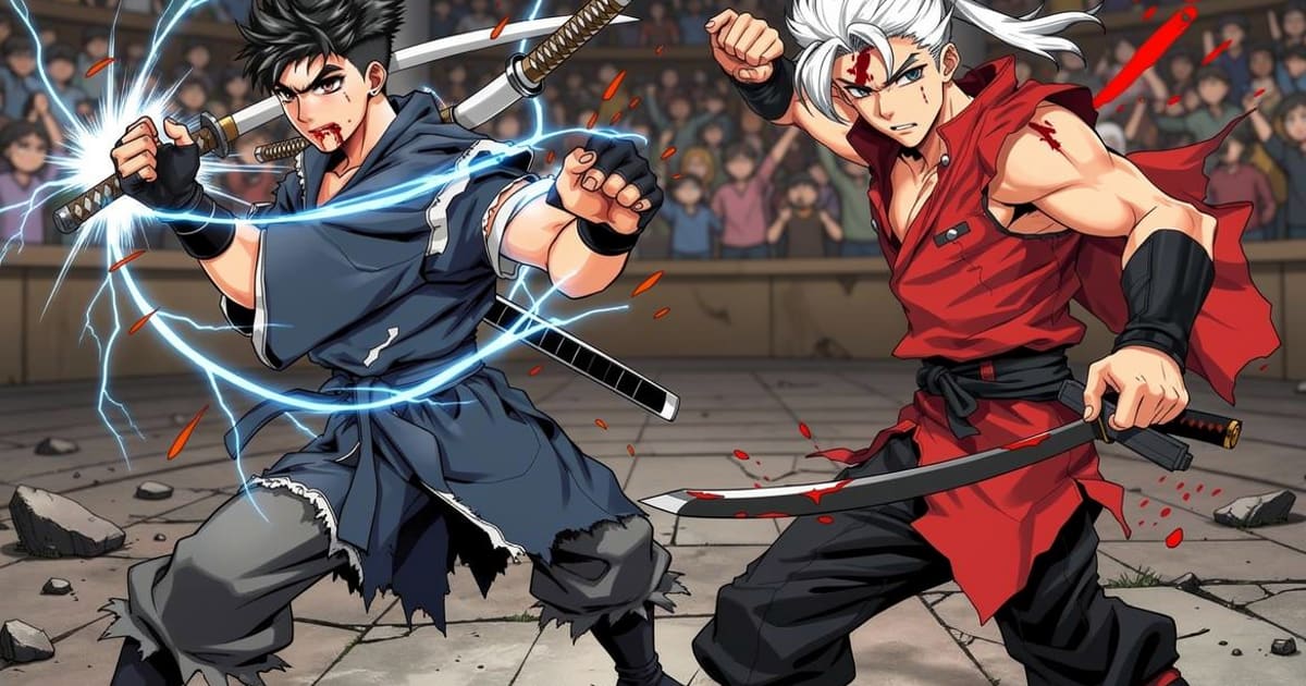 Shonen Jump-style AI comic panel 1 — color shonen battle-manga page generated with Tervix's AI Shonen Jump Comic Generator