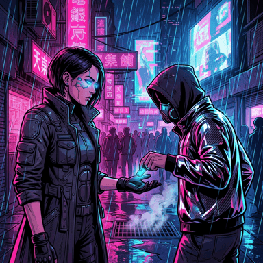 Cyberpunk-style AI comic panel 2 — neon-future cyberpunk panel with rain-slick streets generated with Tervix's AI Cyberpunk Comic Generator