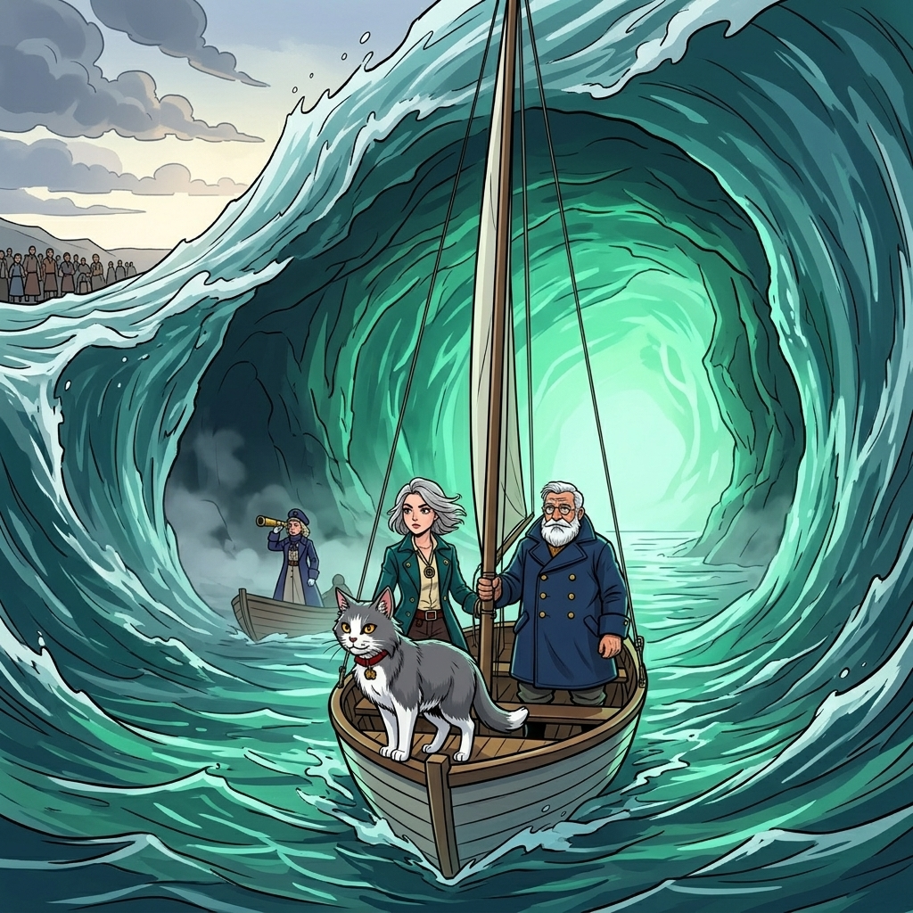 The Moving Sea — page 10 panel 1: Following Brine's directions, the sailboat slips between two moving walls of water. Captain Odessa's boat remains behind, shrinking in the mist as she watches through her telescope.
