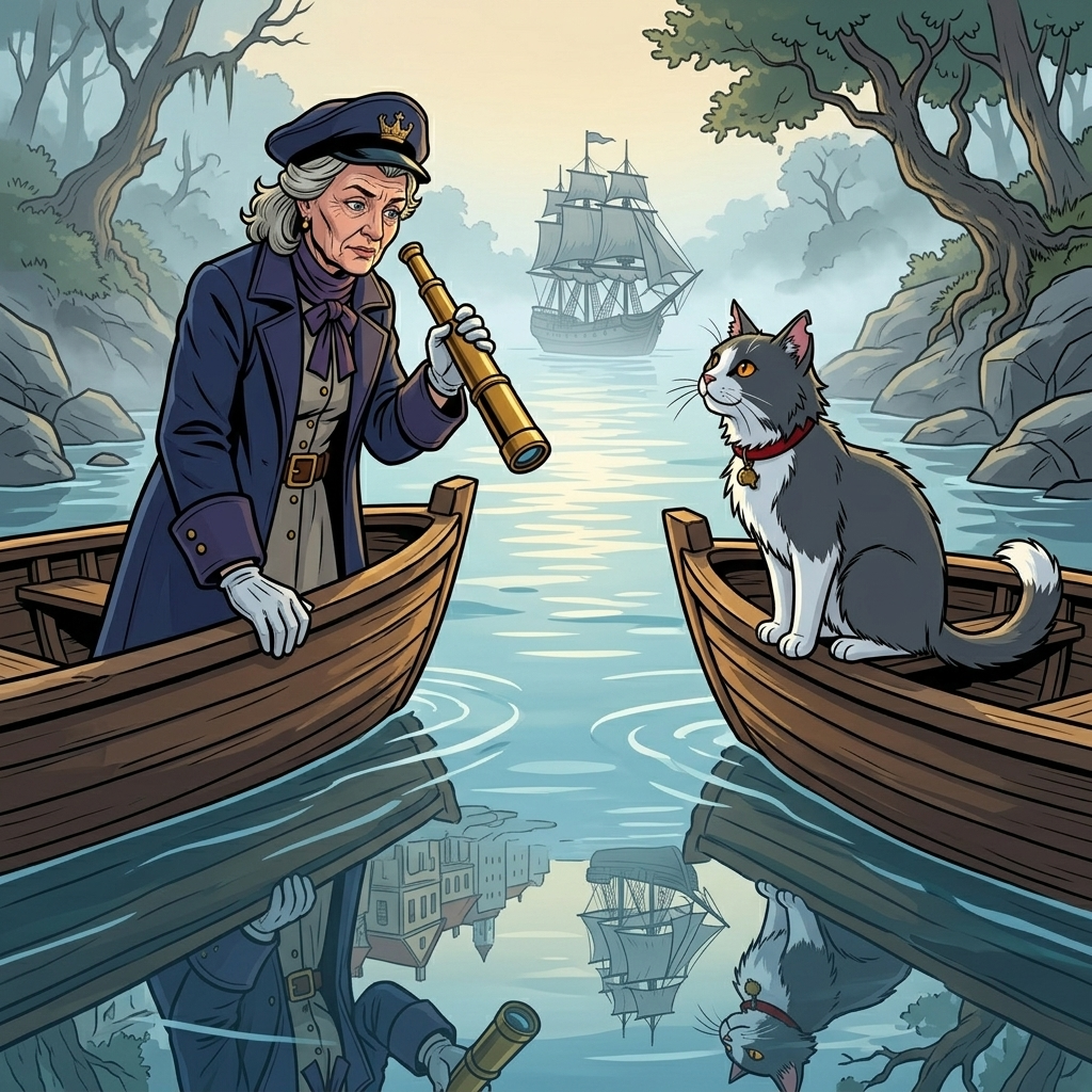 The Moving Sea — page 10 panel 3: Captain Odessa's boat draws close enough for her to hear. She lowers the telescope, still suspicious, but her expression changes when she sees the vanished coastline reflected in the water.
