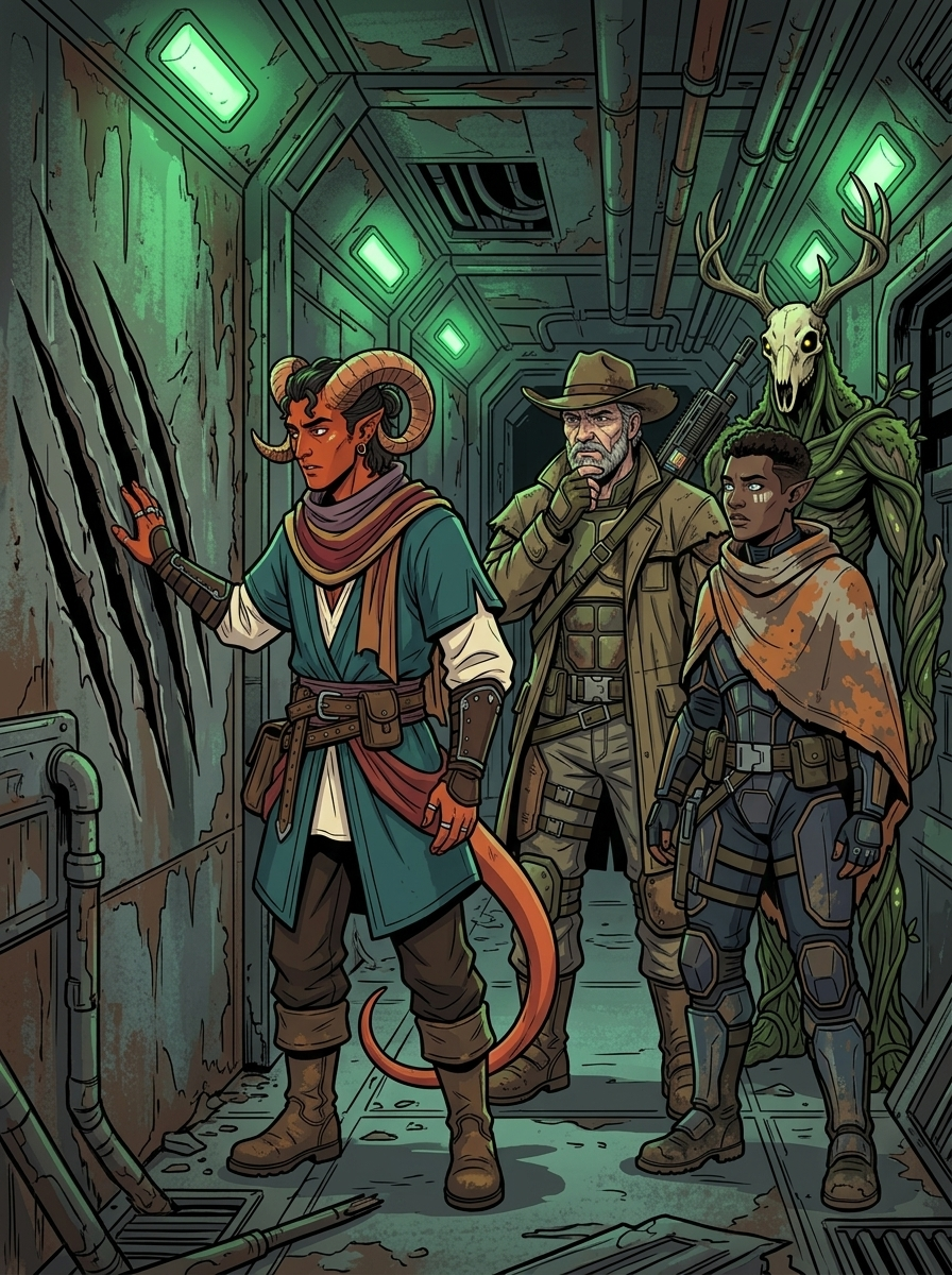 Altir's Fall — page 13 panel 1: Inside the derelict, the group discovers deep claw-like scratches scoring the walls.