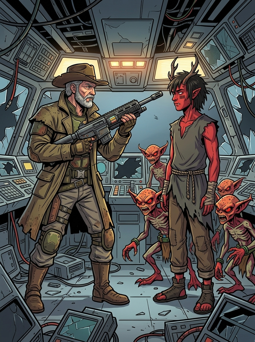 Altir's Fall — page 14 panel 1: The group reaches the helm, confronting several Ravagers and a tall hybrid named Alpha.