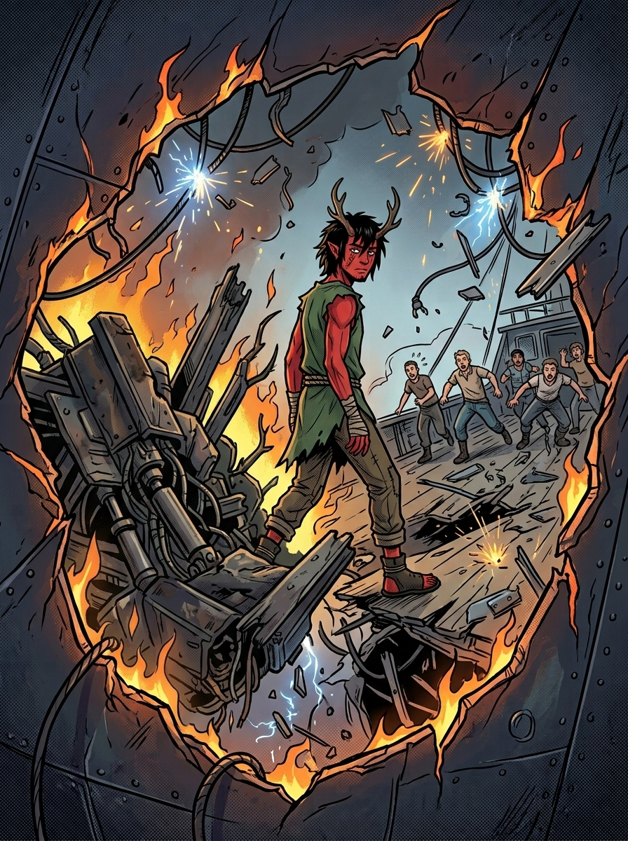 Altir's Fall — page 17 panel 1: A Ravager ship rams the derelict, and Alpha calmly escapes onto it amid the chaos.