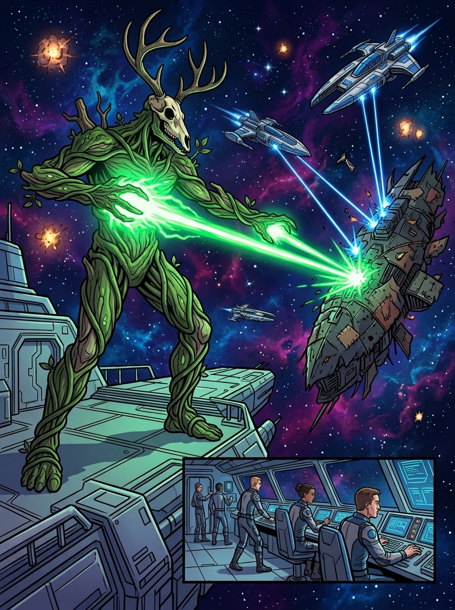 Altir's Fall — page 19 panel 1: Clean, uniform IPA ships arrive in force, engaging the Ravager vessel and turning the tide.