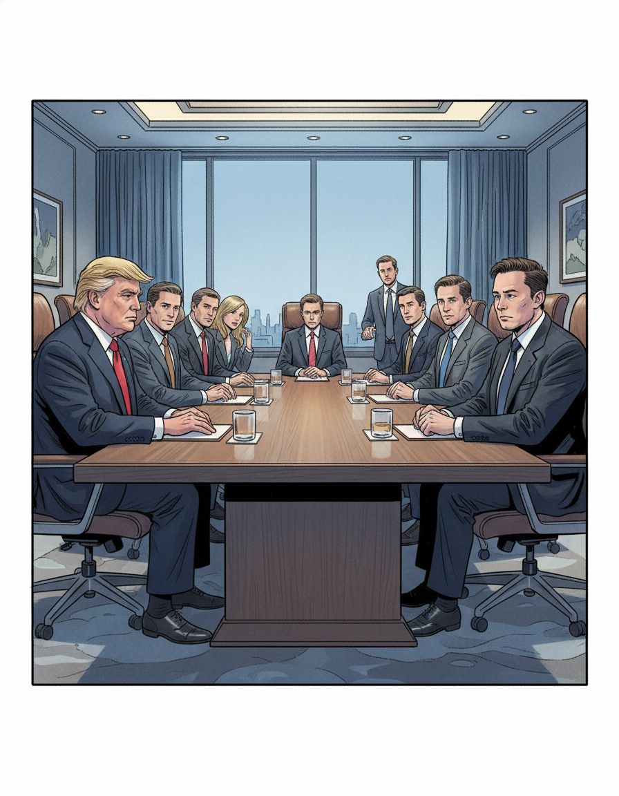 会议风波：trump 和 mask 的冲突 — Realistic AI comic by qcrao