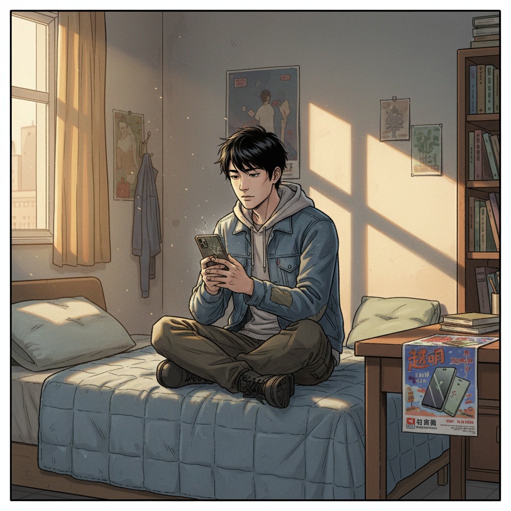 赵明的夏天 — page 1 panel 2: 赵明在家中,看着自己那部老旧、屏幕开裂的手机,眼神中充满了渴望和一点点沮丧。