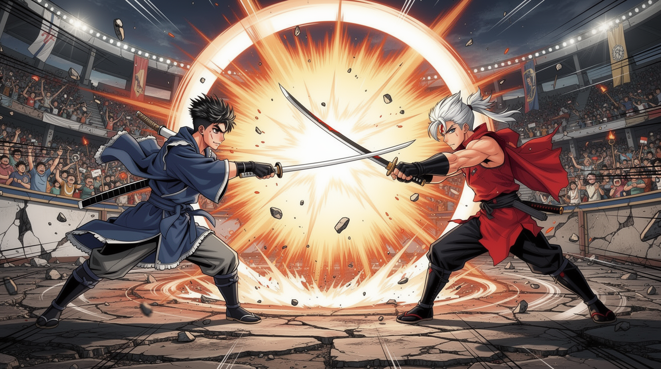 The Final Clash — page 1 panel 2: Kaito and Ren's blades clash in a spectacular explosion of light and force, sending a shockwave across the stadium, which is illuminated by the intense energy. The crowd erupts in a thunderous cheer.