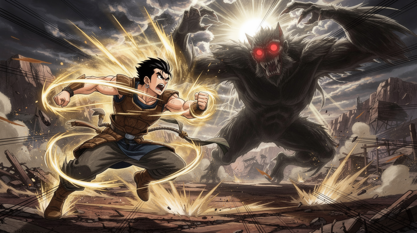 A Hunter's Golden Resolve — page 1 panel 2: With a thunderous roar, Kael charges forward, fully enveloped in a brilliant golden aura. The shadow beast recoils in shock, its massive eyes wide with disbelief as the sky above cracks with dazzling light, signaling Kael's overwhelming power.