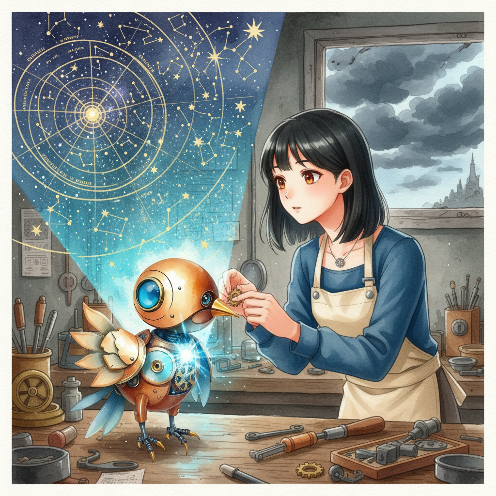 The Clockmaker and the Sky-Map — page 1 panel 2: With delicate precision, Mira repairs the robot bird. Once fixed, the bird's chest glows, projecting a celestial map onto the workshop wall, pointing towards a forgotten rooftop observatory. Storm clouds gather outside.