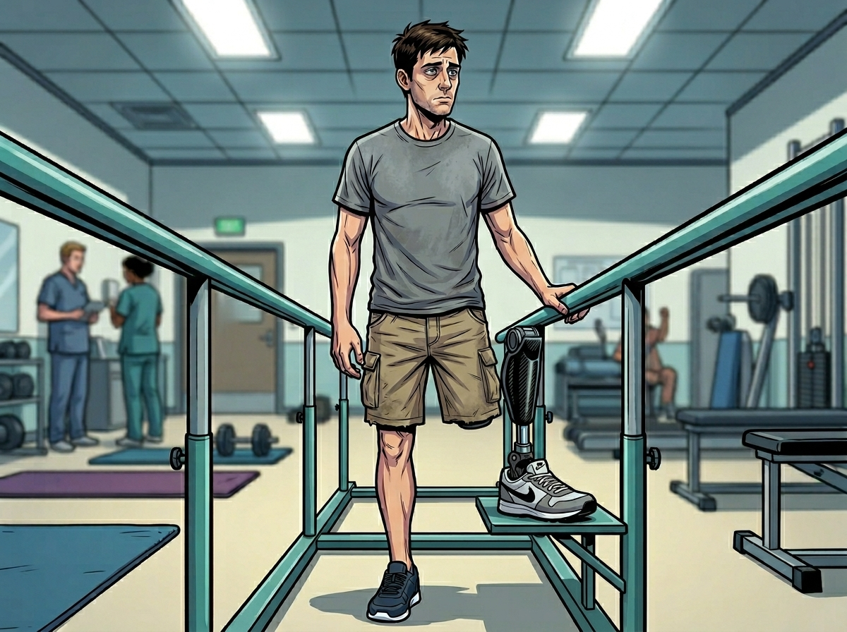The Ghost Leg and the Coming Storm — page 1 panel 2: Andrew’s prosthetic leg rests against the parallel bars, a stark black and curved object. He sees it as an alien tool, slick carbon fiber and titanium, a constant reminder of what's missing.