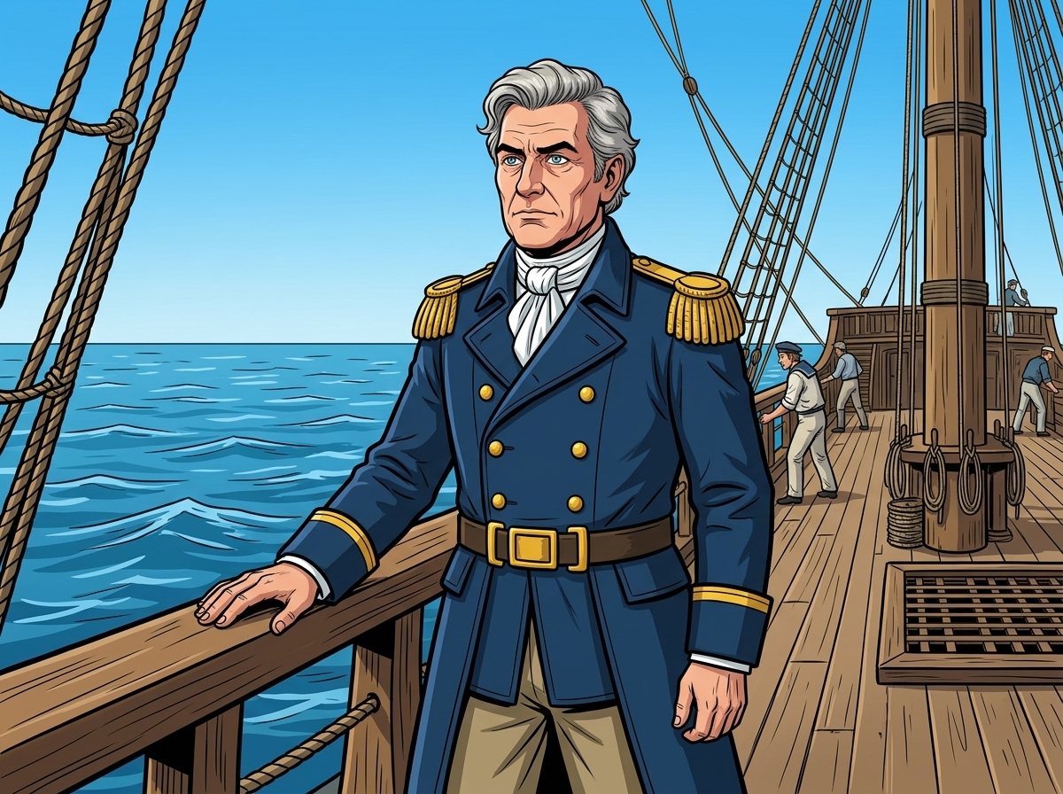 The Man Who Outlived the Ice — page 1 panel 2: Sir John Franklin stands on the deck, a determined and confident expression on his face, looking towards the horizon. He believes in his ability to conquer the unknown.