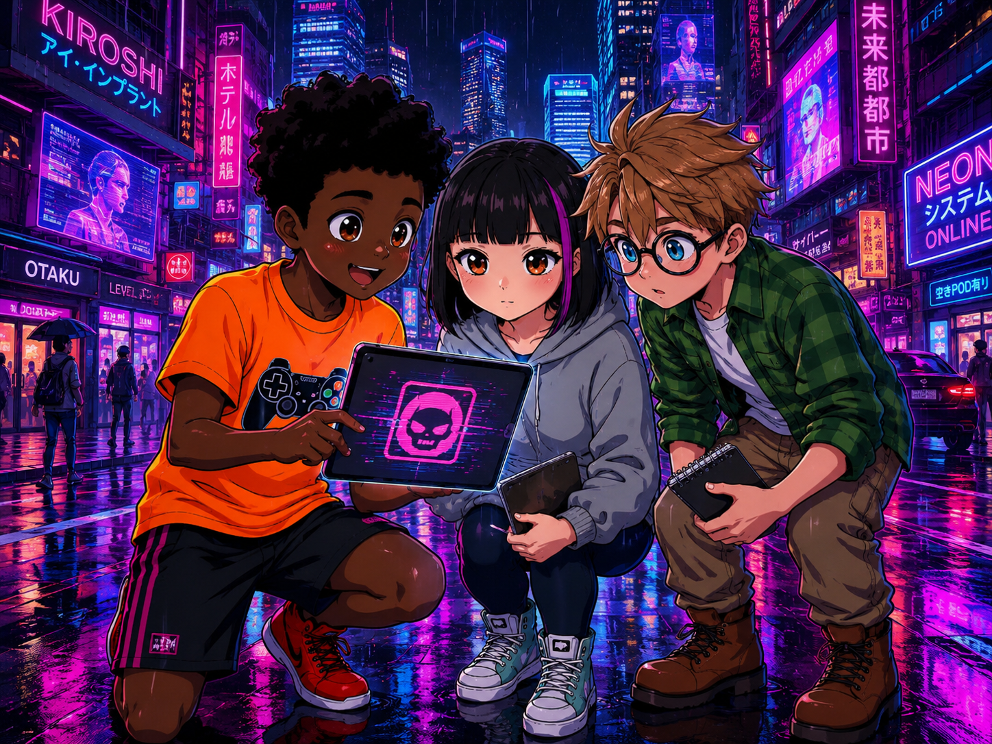 The Digital Defenders: CIVIX Adventure — page 1 panel 2: Jordan excitedly shows Maya and Sam a strange, glitching app on his tablet, its icon shimmering with an unknown energy. Maya looks intrigued, Sam is analytically curious.