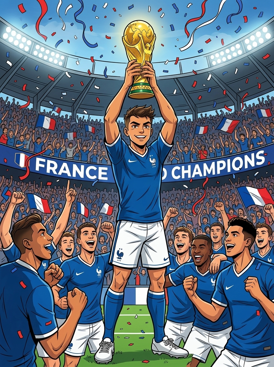 2026年世界杯:法国队的荣耀 — page 1 panel 2: 法国队队长高举2026年世界杯奖杯,与队友们一同庆祝,漫天飞舞的彩带和欢呼雀跃的球迷将气氛推向高潮。