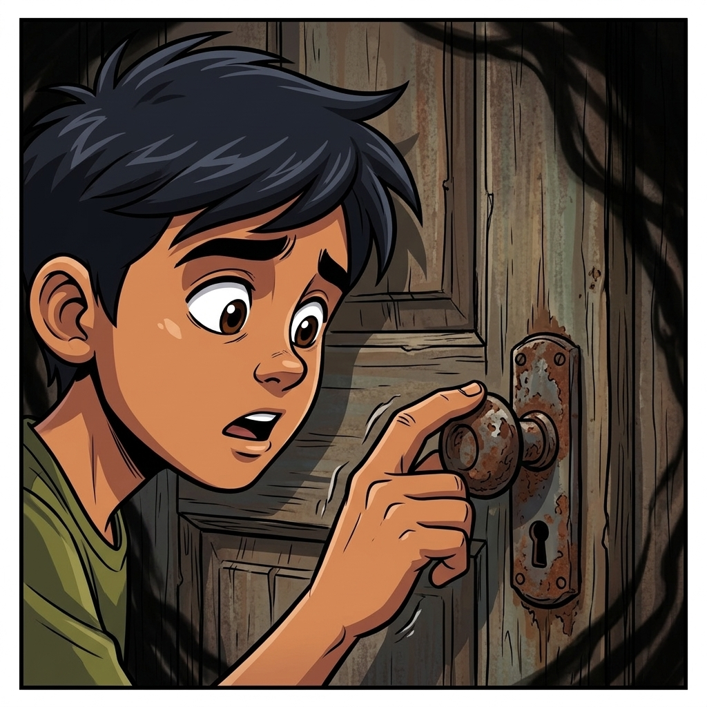 Pintu Kamar Terakhir — page 1 panel 2: Pemuda berjalan perlahan mendekati pintu kayu tua tersebut. Tangan kanannya gemetar saat perlahan menyentuh gagang pintu besi yang berkarat. Lantai kayu di bawah kakinya berderit pelan karena usianya yang sudah tua.