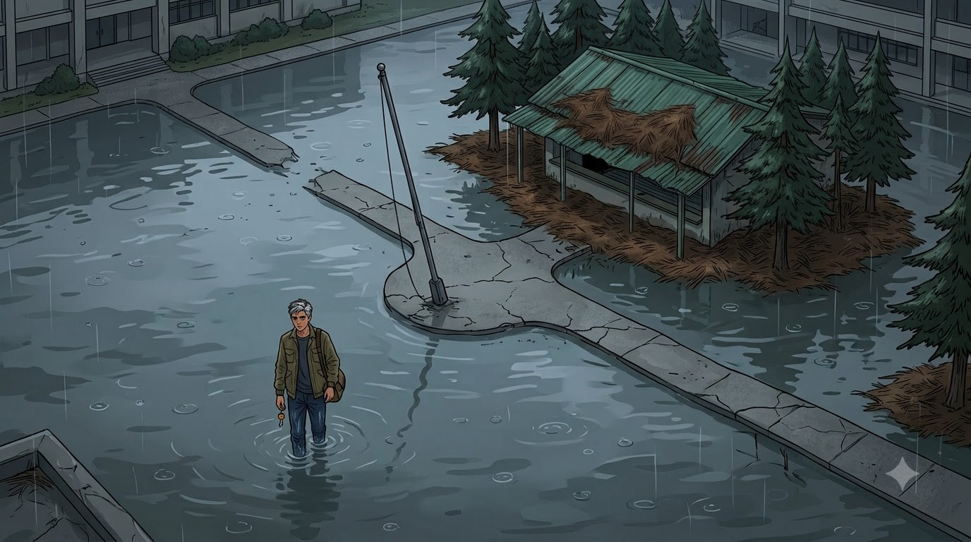 Letters I'll Never Send — Part One: Miles Between Us — page 1 panel 2: The abandoned quadrangle appears as a murky lake beneath the storm, with the crooked flagpole and sagging canteen preserving the school's scars.