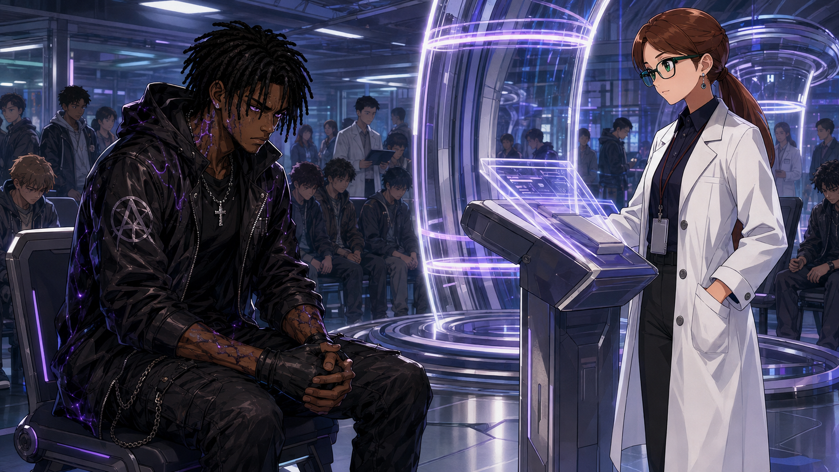 ZERO RANK — Episode 1: Rank Zero — page 1 panel 2: Inside an awakening evaluation center, Malik Cross waits among hopeful candidates while scanners and officials prepare the testing chamber. He tries to appear calm despite his physical weakness and rising anxiety.