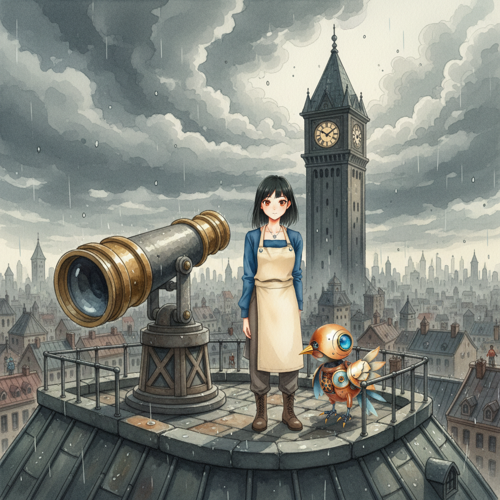 The Clockmaker and the Sky-Map — page 1 panel 3: Mira follows the robot bird (Spark) across the rain-slicked rooftops of the city, reaching the abandoned observatory. The massive lens is aimed at the dark, silent clock tower, now appearing as a beacon of purpose.