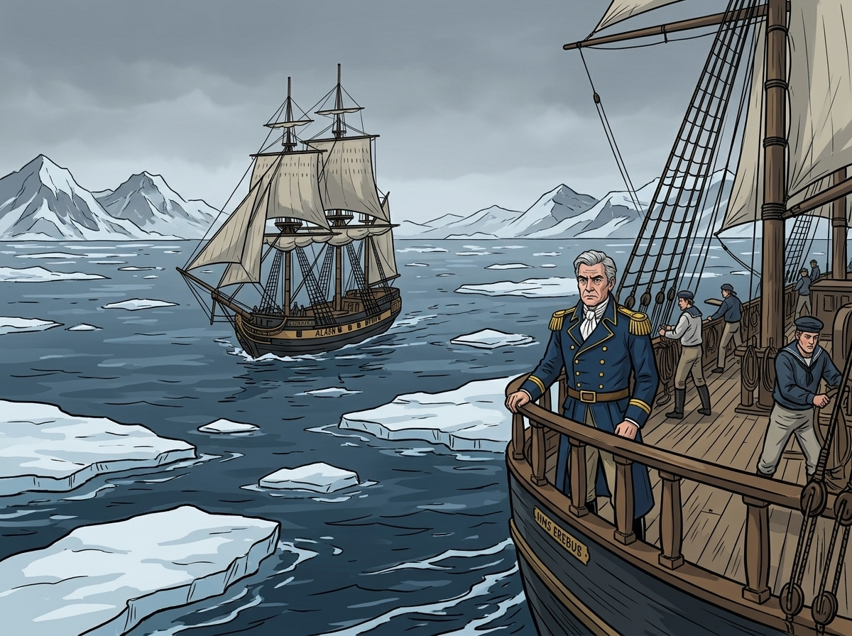 The Man Who Outlived the Ice — page 1 panel 3: The ships push further north, the landscape transforming from green to stark white and blue. The last vestiges of a 'normal' world fade behind them.