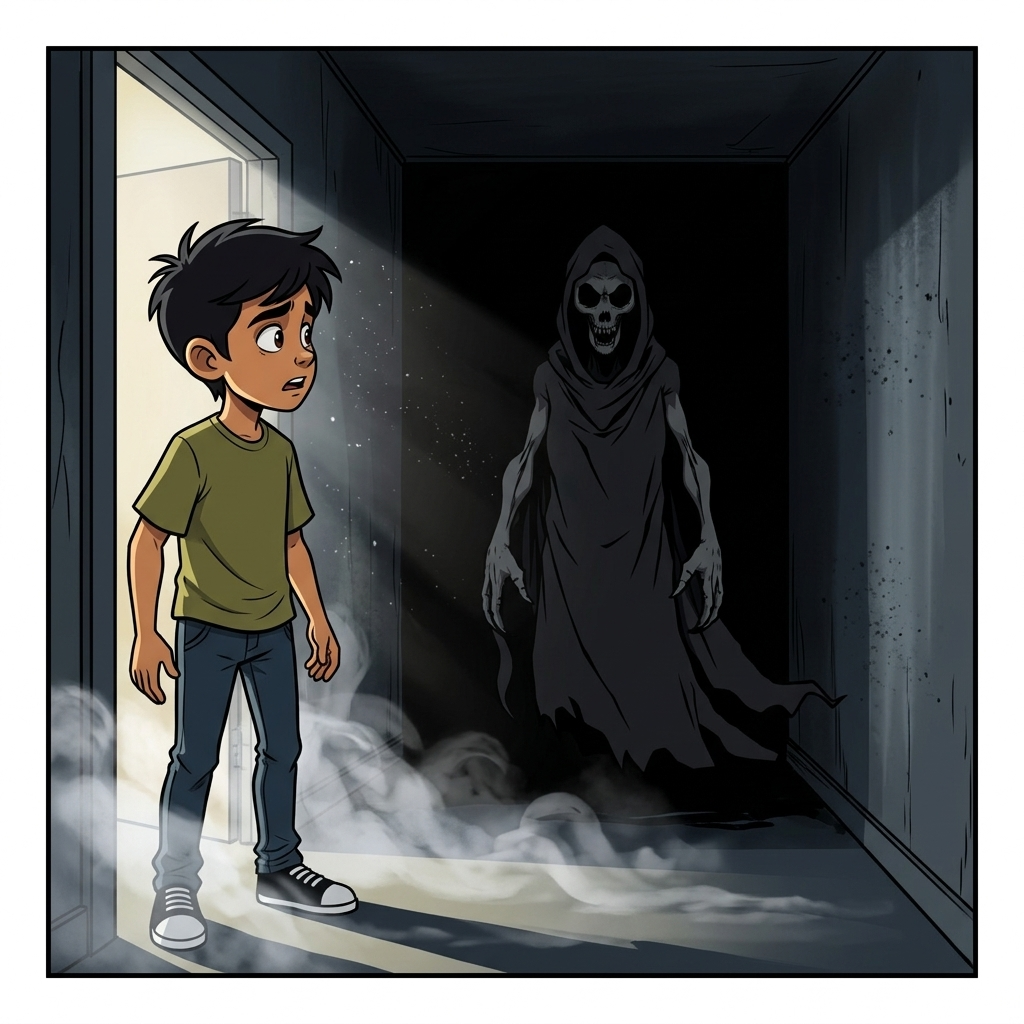 Pintu Kamar Terakhir — page 1 panel 3: Pintu kayu terbuka perlahan dengan suara derit yang keras. Di dalam ruangan yang gelap gulita, hanya terlihat bayangan samar dari sosok misterius yang berdiri diam di tengah ruangan. Hembusan angin dingin yang membekukan keluar dari dalam ruangan menerpa wajah pemuda.