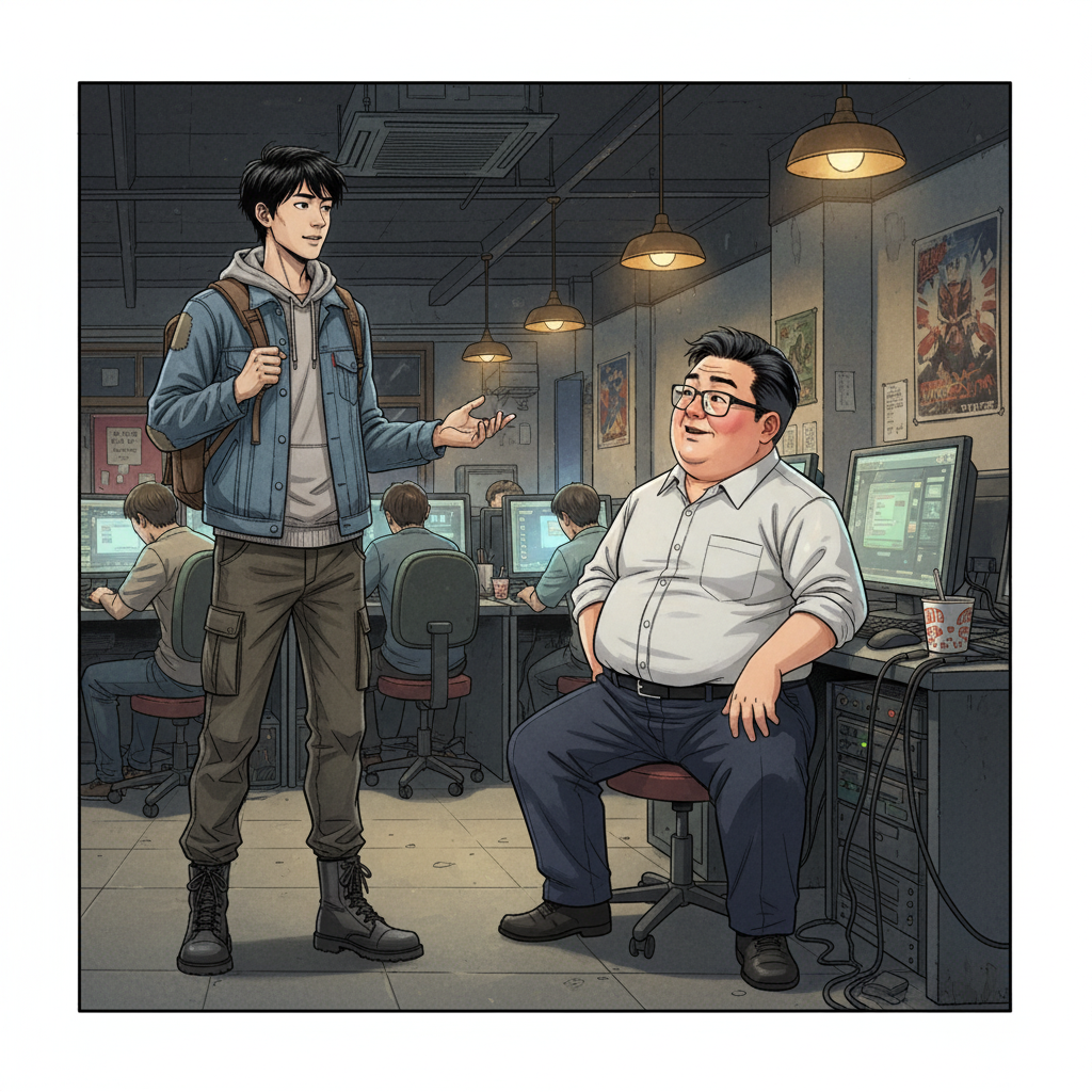赵明的夏天 — page 1 panel 4: 赵明走进网吧,与网吧老板交谈,老板面带微笑地听着,似乎对这个年轻人很感兴趣。