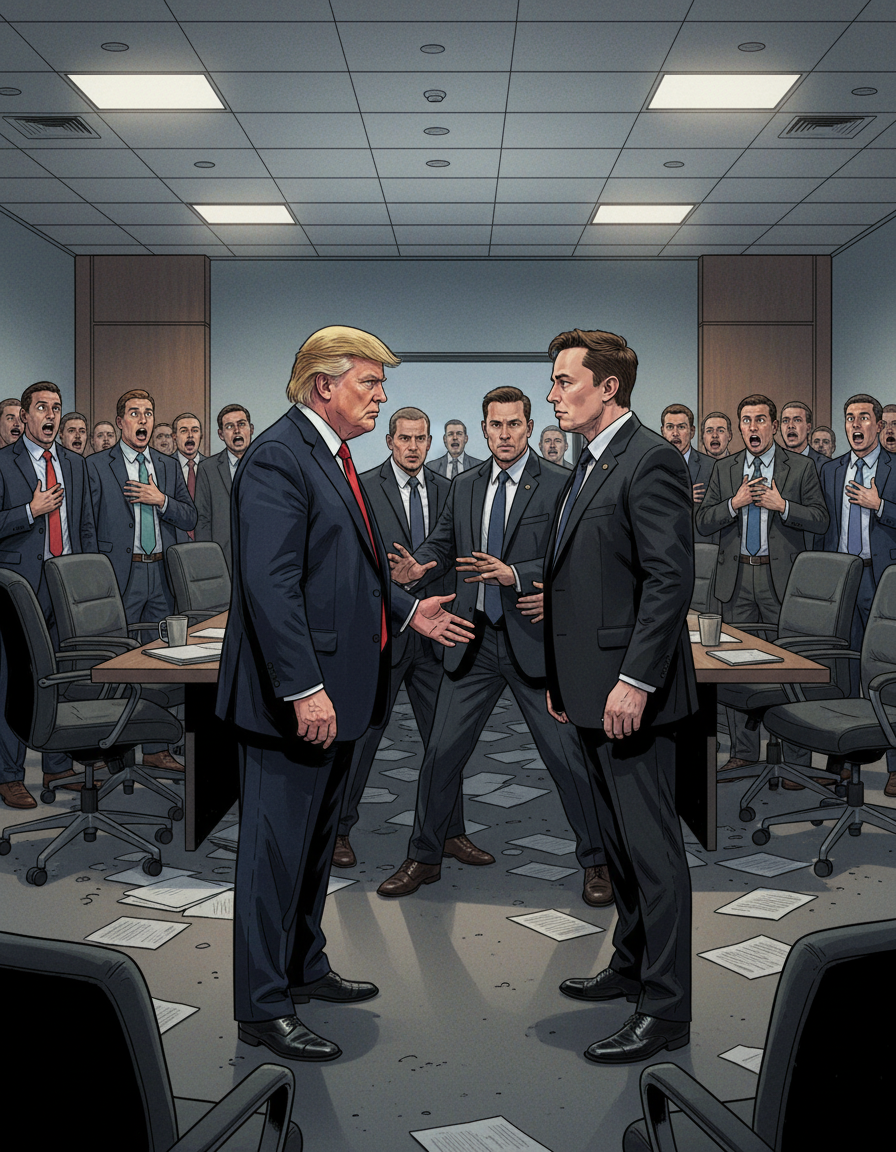 会议风波：trump 和 mask 的冲突 — page 1 panel 4: 争吵最终演变成肢体冲突，会议室一片混乱，其他与会者惊慌失措，试图将两人分开。