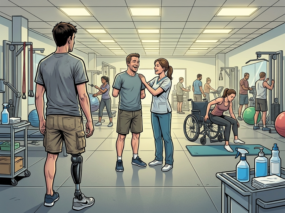 The Ghost Leg and the Coming Storm — page 1 panel 4: Andrew looks over his shoulder, observing other patients. A man with a missing arm jokes easily with his therapist, while a woman with a spinal cord injury transfers efficiently from her wheelchair. They seem at peace, a stark contrast to Andrew's internal war.