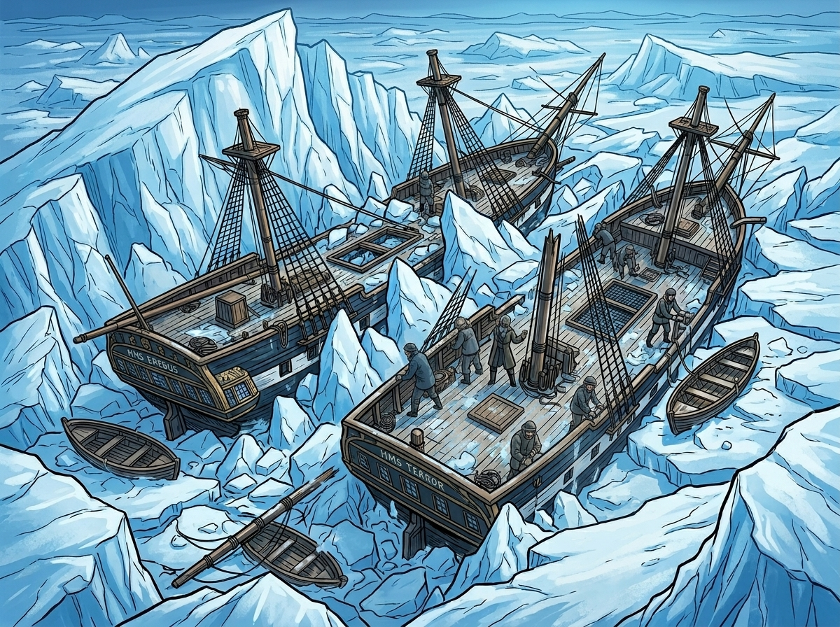 The Man Who Outlived the Ice — page 1 panel 4: The ice closes in with an ominous, almost predatory feel, trapping the ships. The sense of being swallowed by the Arctic wilderness begins.
