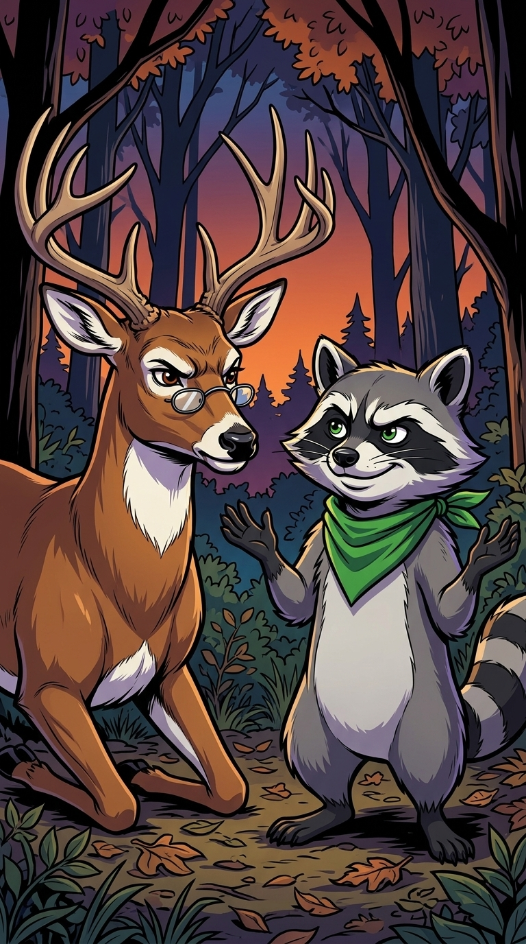 The Burn Pile Council — page 1 panel 4: Bandit gesturing defensively with his tiny paws, defending his actions with a smug grin.