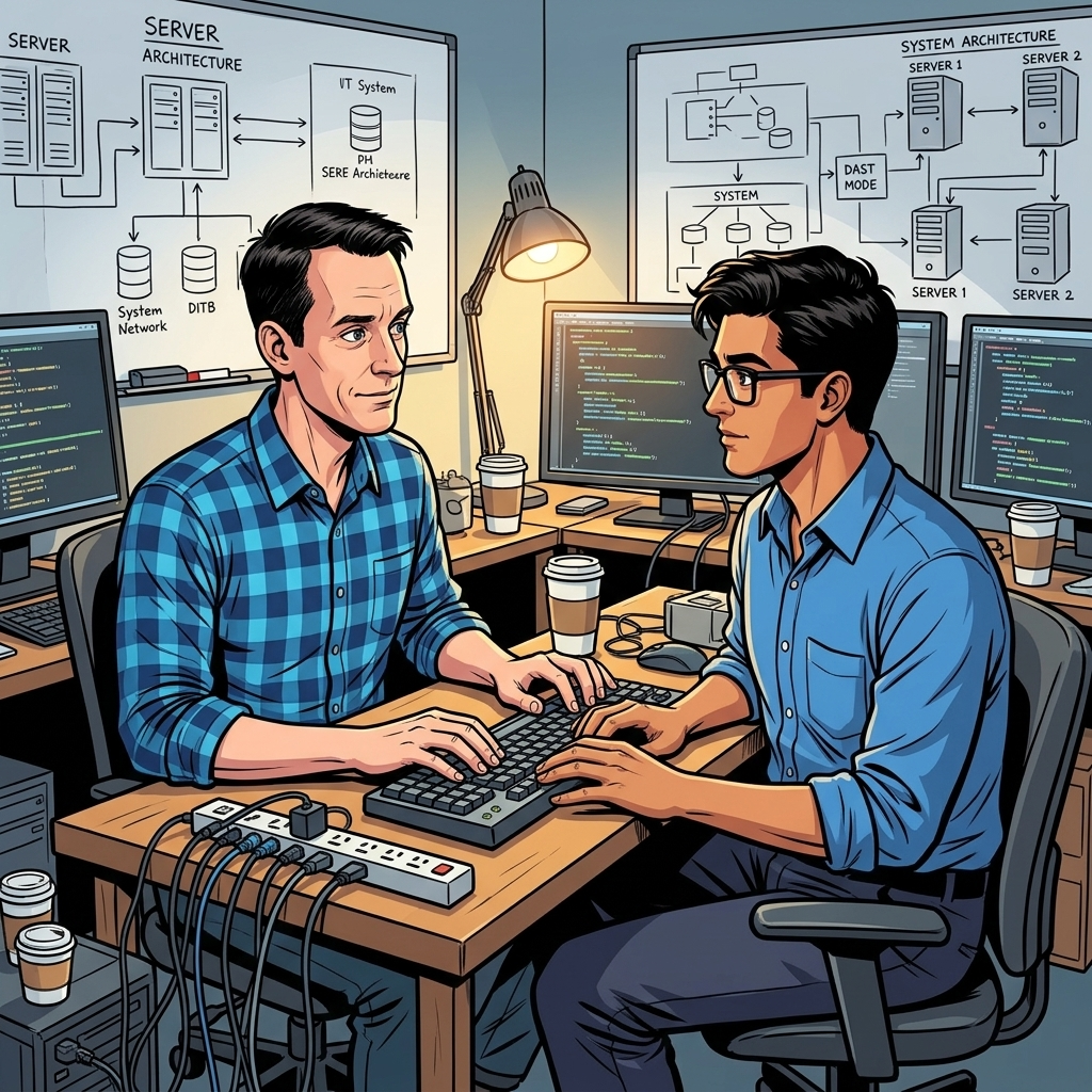 The Man Who Built Google's Brain — page 1 panel 4: Jeff Dean and Sanjay Ghemawat begin coding side by side at one keyboard, their shoulders nearly touching. Their friendship becomes a working rhythm.