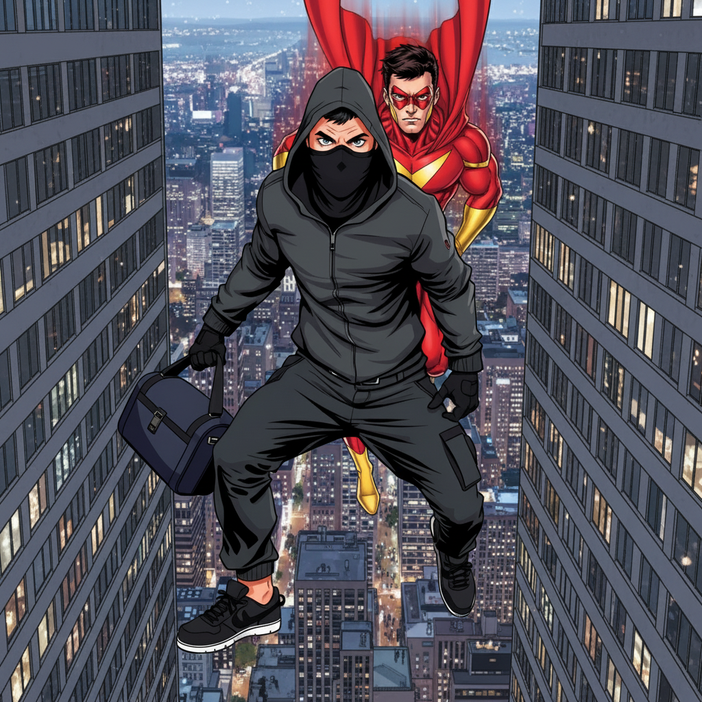 Crimson Comet: Harbor Heist — page 1 panel 5: The Thief makes a desperate leap across a perilous gap between two skyscrapers, adrenaline fueling his desperate escape. Comet is right behind him, a crimson shadow.