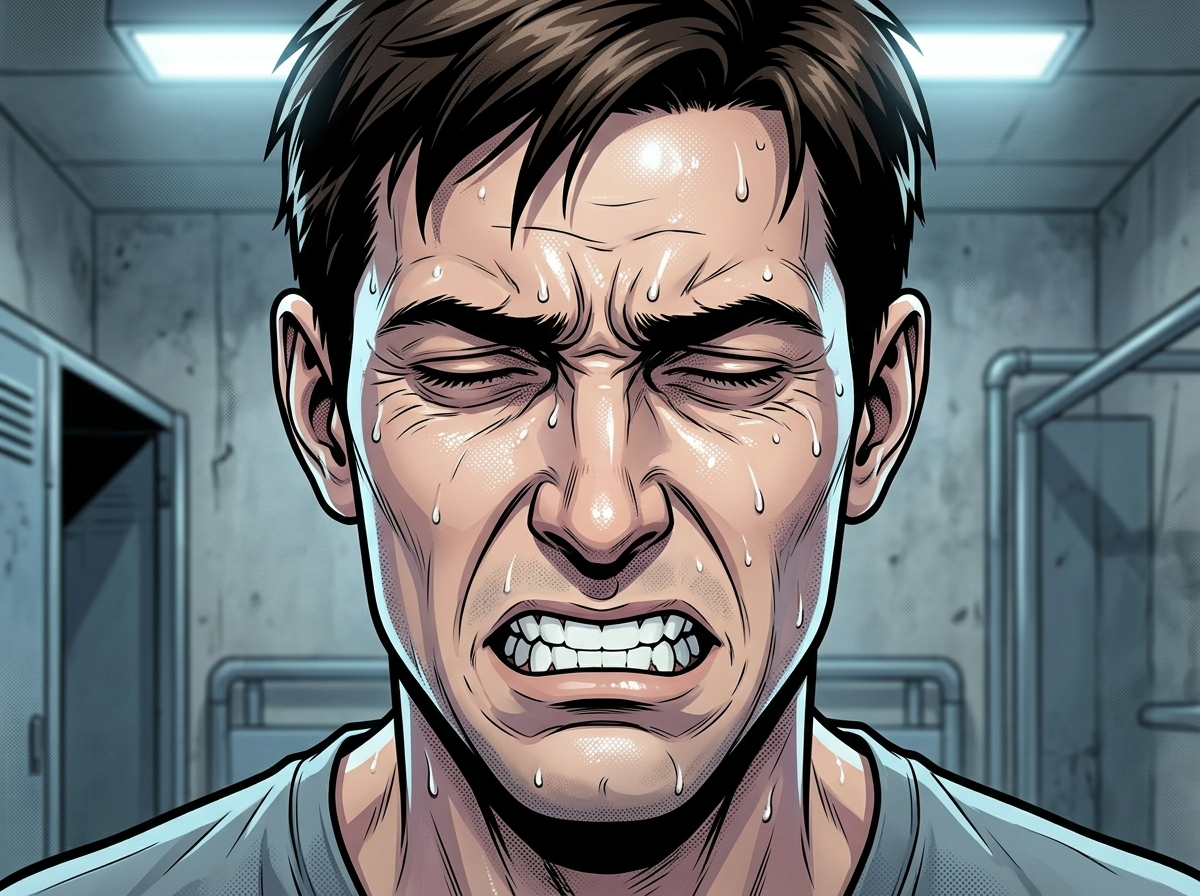 The Ghost Leg and the Coming Storm — page 1 panel 5: A close-up of Andrew's face, his jaw clenched. Phantom pain, 'Hector,' flares up, a cold fire climbing from his absent leg. He tries to mask the agony.
