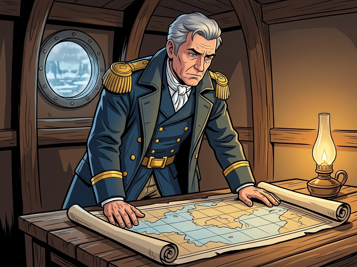 The Man Who Outlived the Ice — page 1 panel 5: Inside his cabin, Sir John Franklin studies a map, his brow furrowed. He still holds onto hope for a thaw, but the first signs of anxiety are visible.