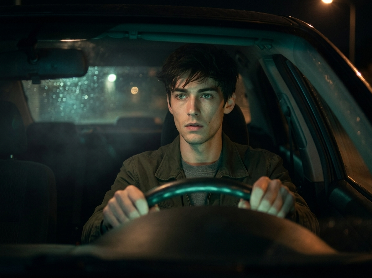 Things That Wait — page 1 panel 5: Inside the car. Adult Leo is driving, his face illuminated by the soft green glow of the dashboard. He looks tired, staring at the dark road ahead.