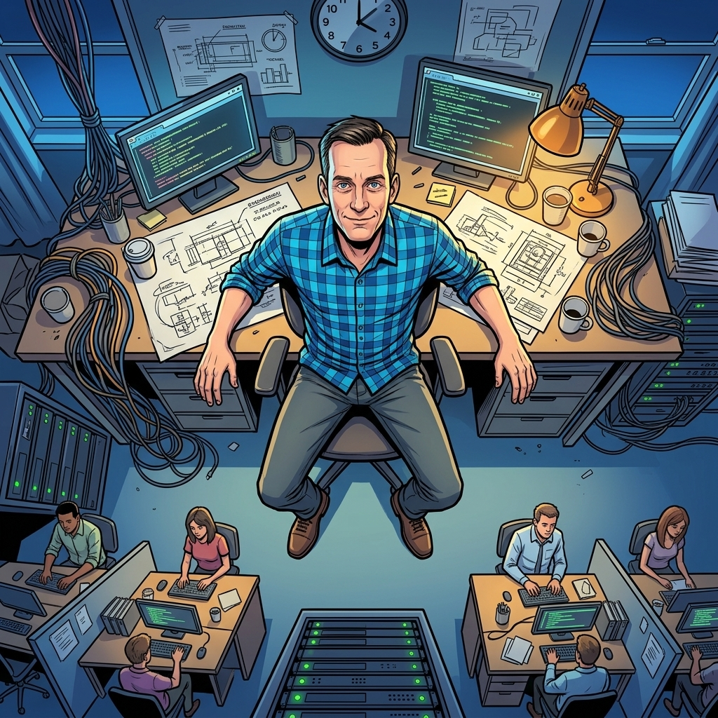 The Man Who Built Google's Brain — page 1 panel 5: A visual montage shows Jeff Dean rewriting Google's crawling, indexing, and query-serving systems through long nights. Exhaustion gives way to small signs of progress.