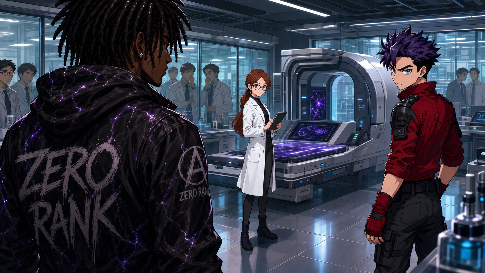 ZERO RANK — Episode 1: Rank Zero — page 1 panel 5: Candidates whisper and Jace Mercer gives Malik Cross a dismissive look. Dr. Lena Vale hesitates over the console, unable to explain the reading.