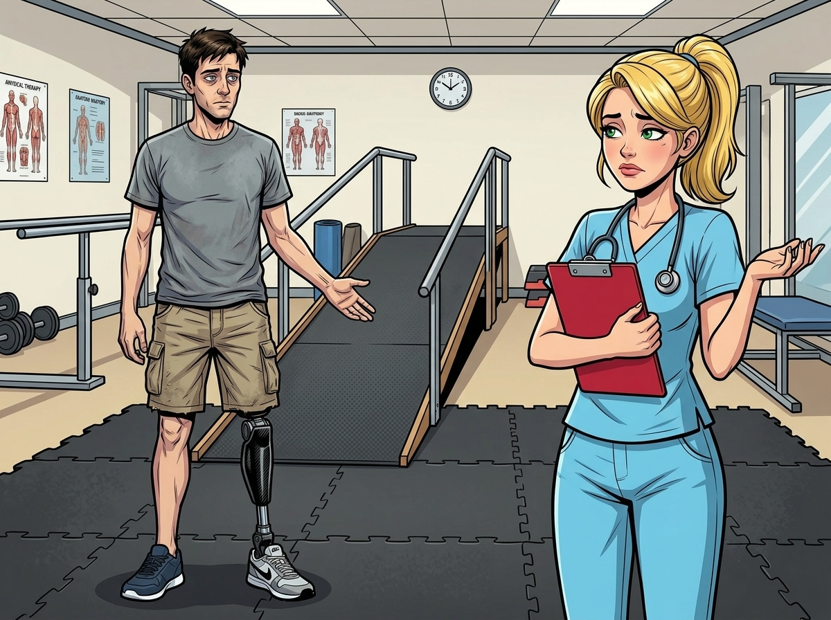 The Ghost Leg and the Coming Storm — page 1 panel 6: Andrew, exhausted and wanting to end the session, asks to try the ramp. Heather gives a noncommittal shrug, knowing his insurance constraints and his stubborn drive.