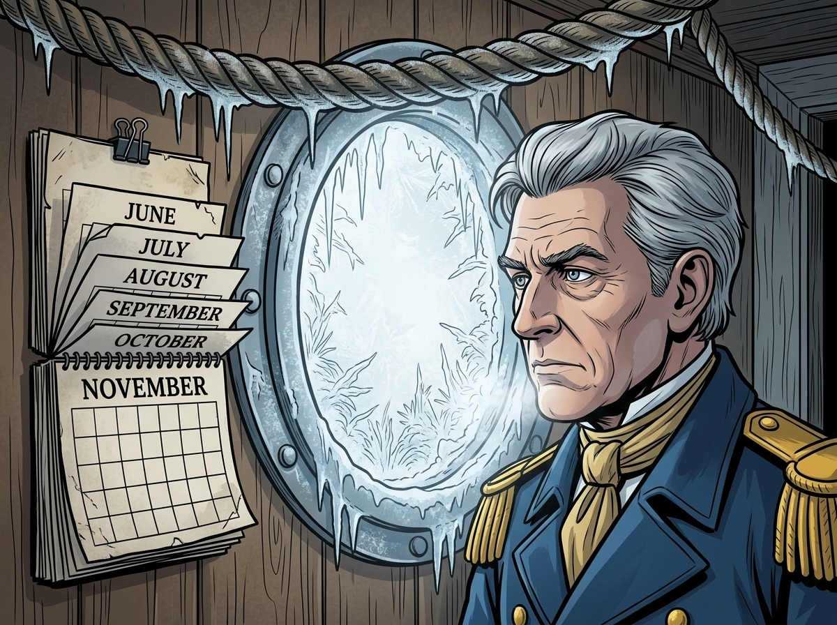 The Man Who Outlived the Ice — page 1 panel 6: A montage of small details shows the relentless passage of time: a frost-covered porthole, a frozen rope, a calendar page turning to show months passing, winter's grip tightening.