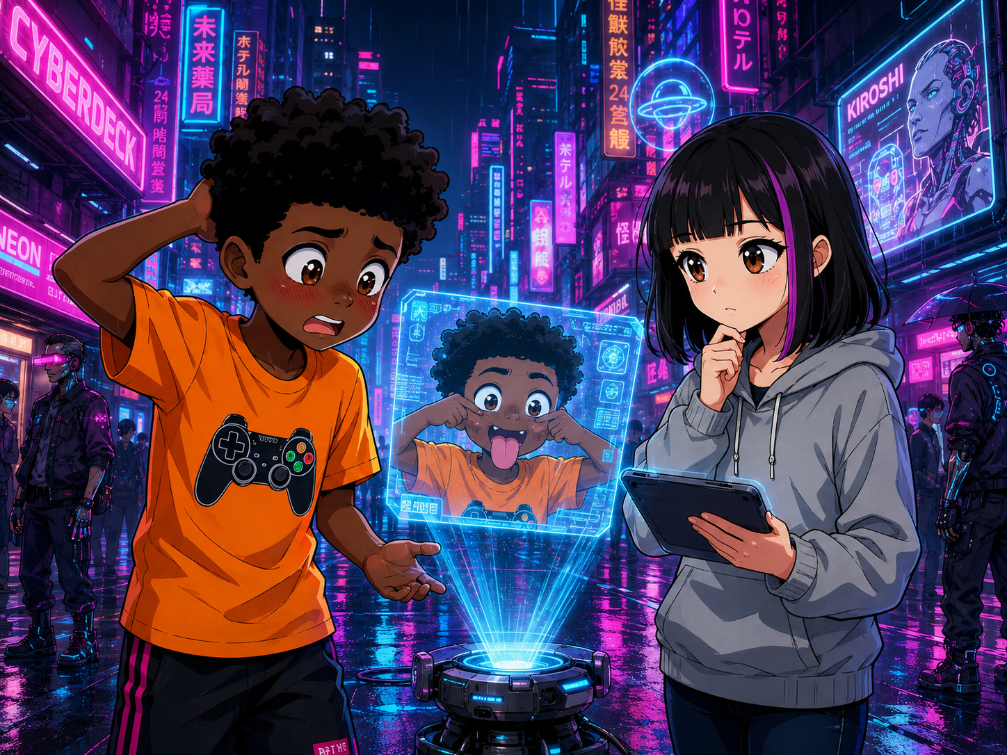 The Digital Defenders: CIVIX Adventure — page 1 panel 6: A digital image of Jordan, looking silly, appears floating above them. Jordan looks embarrassed and confused, while Maya immediately appears concerned for his privacy.
