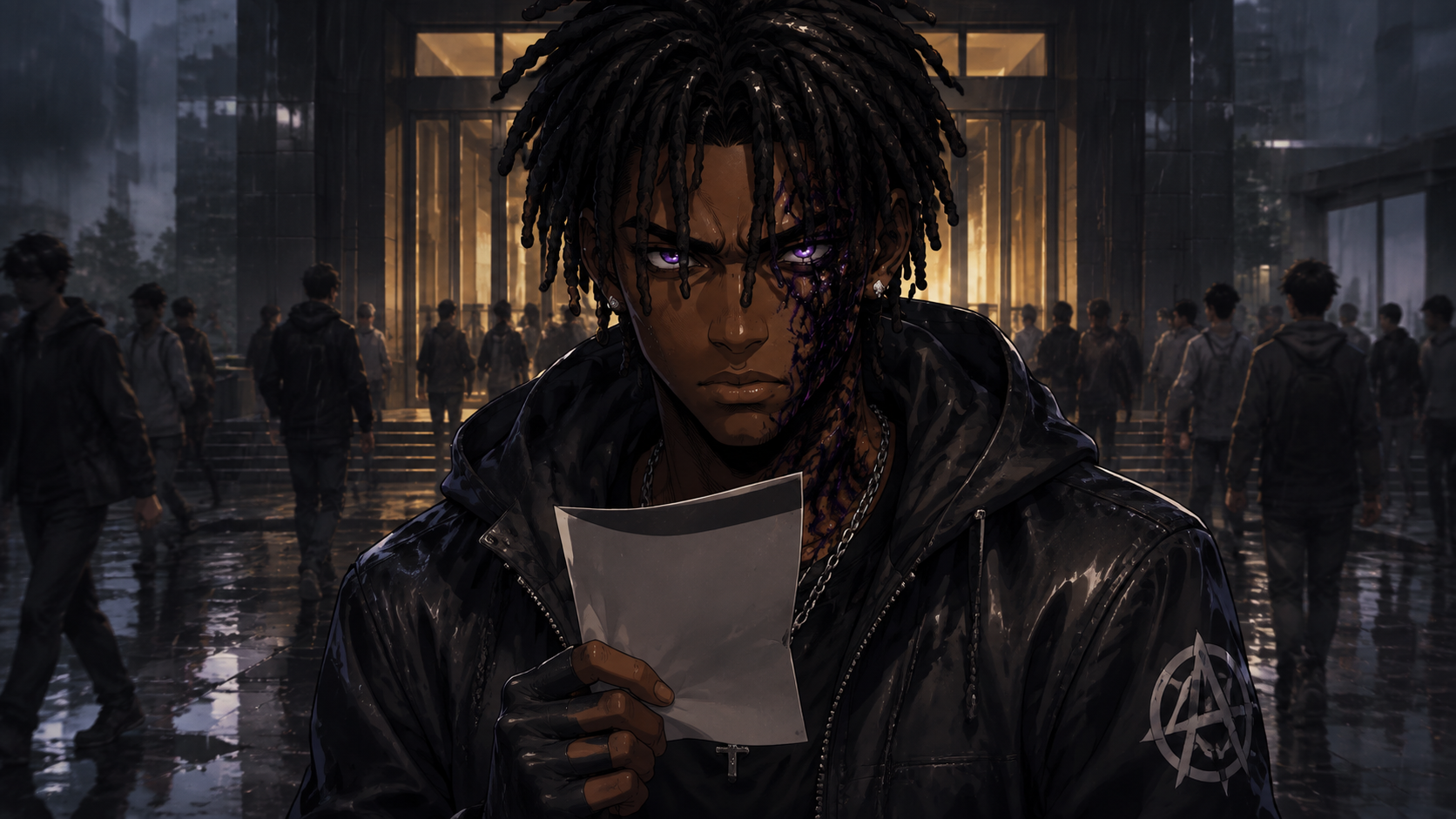 ZERO RANK — Episode 1: Rank Zero — page 1 panel 6: Alone outside the evaluation center beneath a gray evening sky, Malik Cross grips his result card until it bends. Shame gives way to defiance.