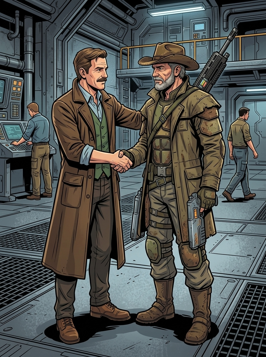 Altir's Fall — page 21 panel 1: Governor Price meets Captain Knox at the docking bay, greeting him warmly.
