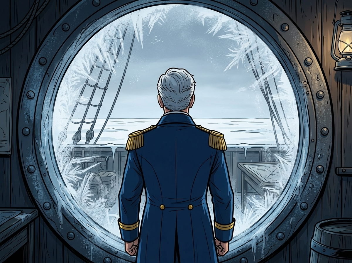 The Man Who Outlived the Ice — page 2 panel 4: Sir John Franklin stands alone in his cabin, looking out a frosted porthole at the desolate white. He appears isolated, both physically and emotionally, from his men's growing fear.