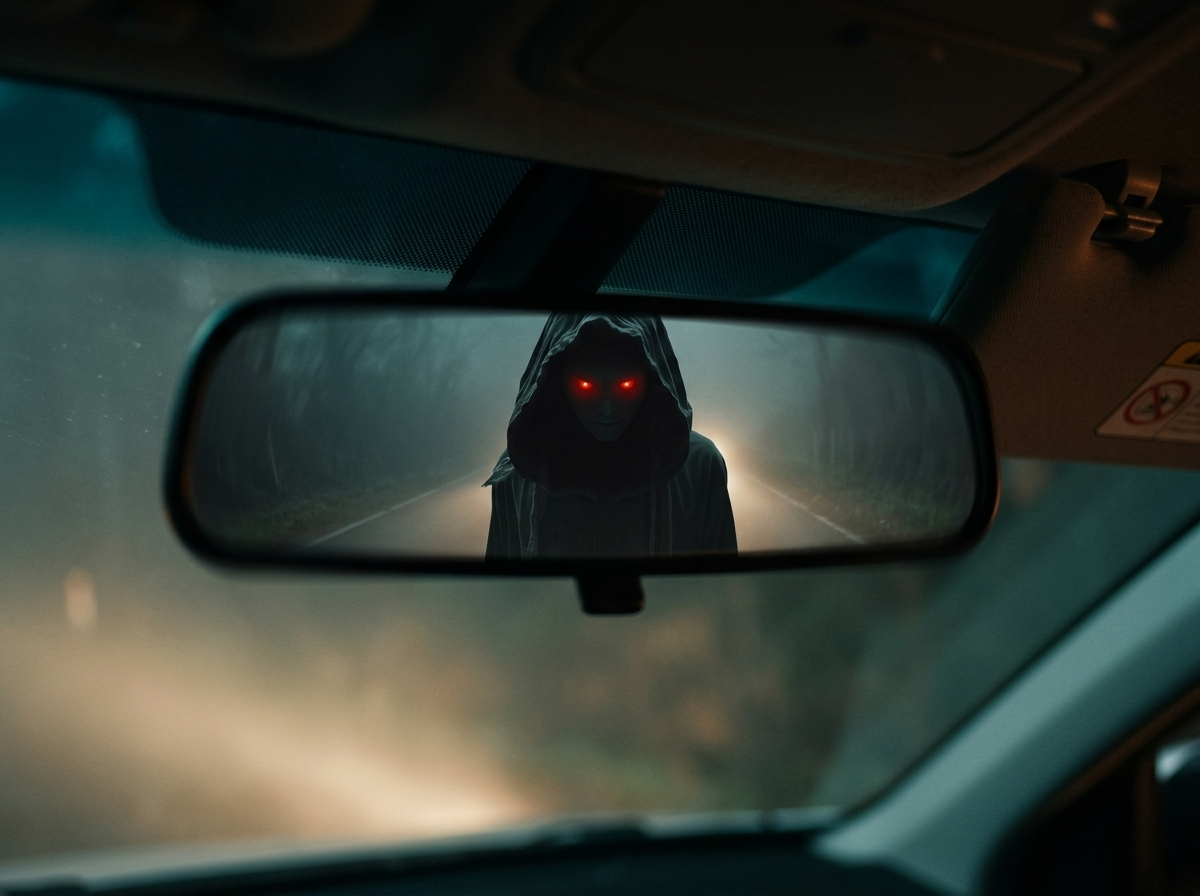 Things That Wait — page 2 panel 4: Close-up on the car's rearview mirror. The reflection shows the hooded figure standing in the middle of the empty road, impossibly close to the car.