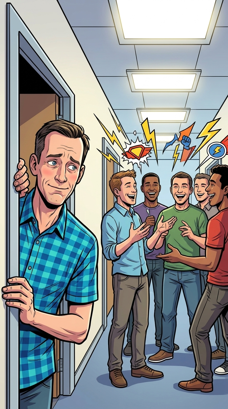The Man Who Built Google's Brain — page 2 panel 4: Engineers trade exaggerated Jeff Dean Facts in a lively hallway, turning his technical reputation into superhero folklore. Jeff Dean overhears them with quiet embarrassment.