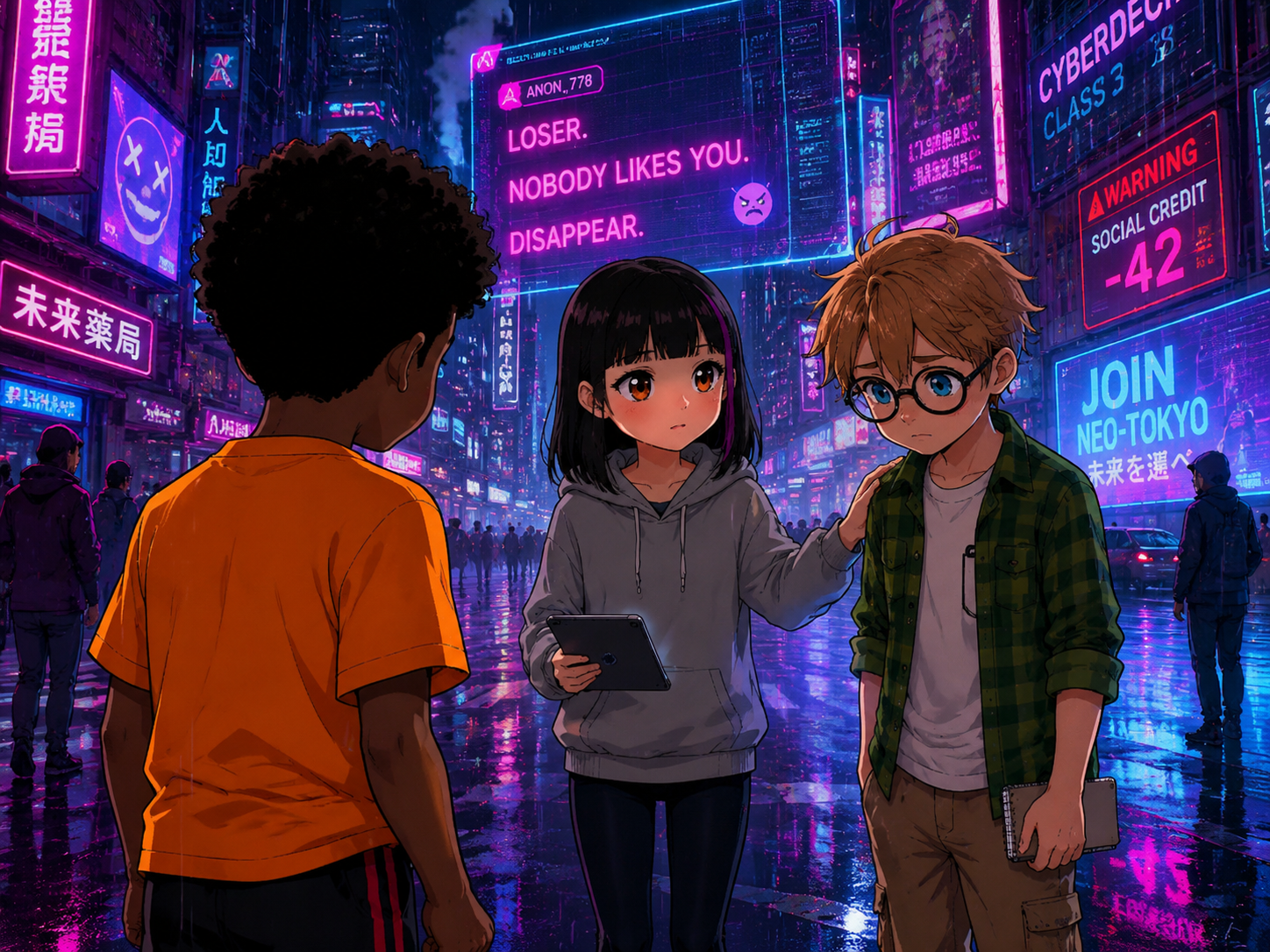 The Digital Defenders: CIVIX Adventure — page 2 panel 5: Maya gently places a hand on Jordan's arm, urging him to pause. She looks at Sam with empathy, offering quiet support, while Jordan's anger slowly subsides.