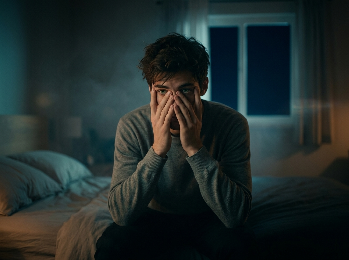 Things That Wait — page 2 panel 5: Leo sits on the edge of his bed in a dark bedroom, head in his hands, looking deeply shaken and traumatized.
