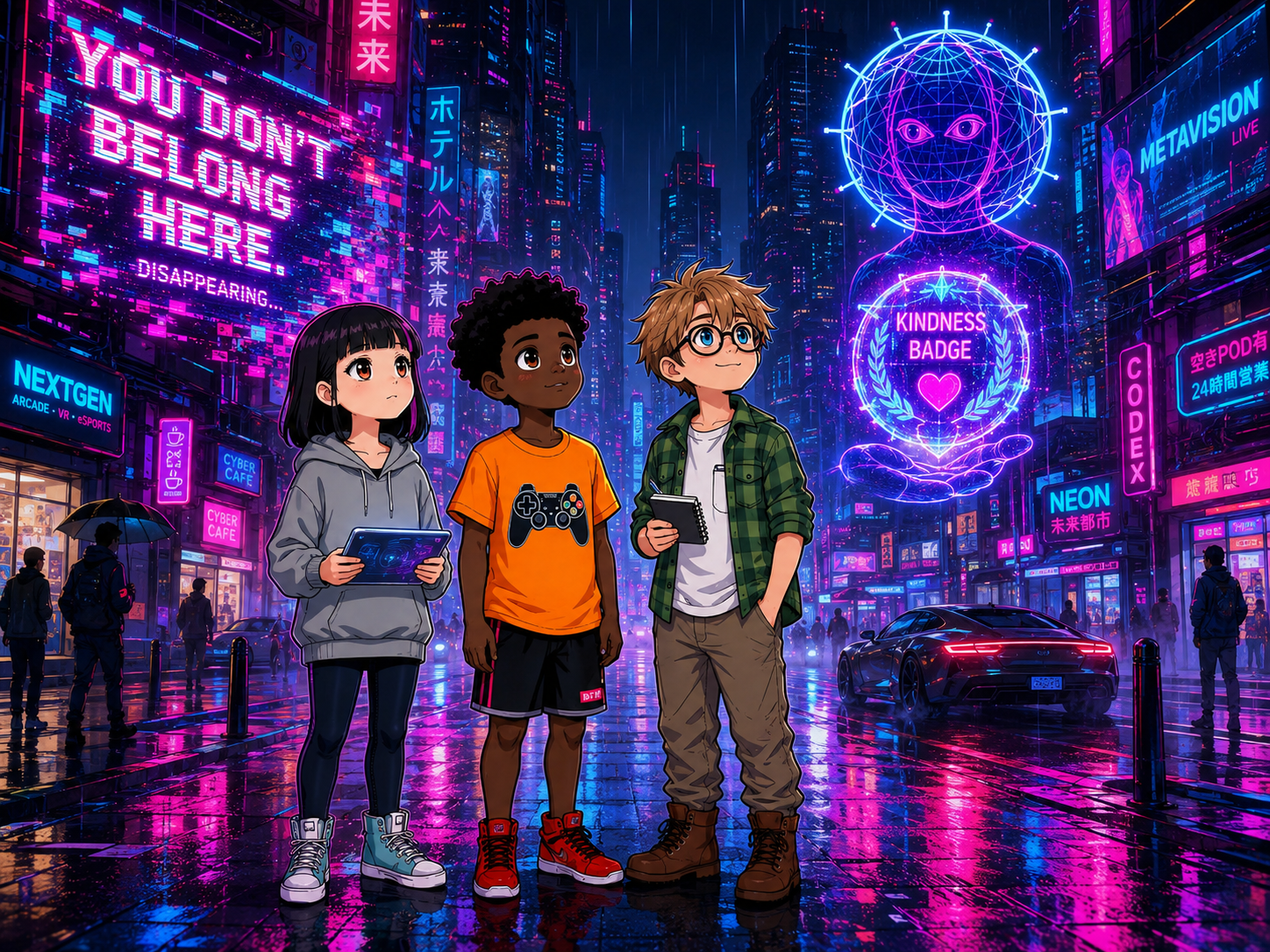 The Digital Defenders: CIVIX Adventure — page 2 panel 6: The trio stands united, reporting the hurtful message. It dissolves into pixels. CIVIX appears, awarding them the 'Kindness Badge.' Sam offers a grateful smile.