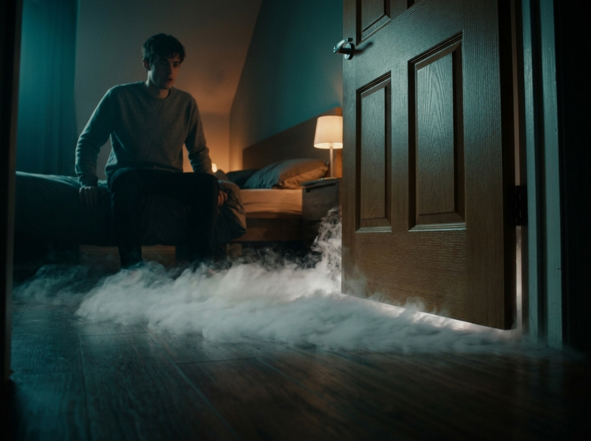 Things That Wait — page 2 panel 6: Low-angle shot of the bedroom floor. A thick, unnatural white fog is slowly creeping under the bottom crack of the closed bedroom door.